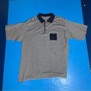 Striped Black & White Polo Shirt with Navy Collar